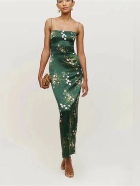 Reformation Green Floral Satin Slip Dress